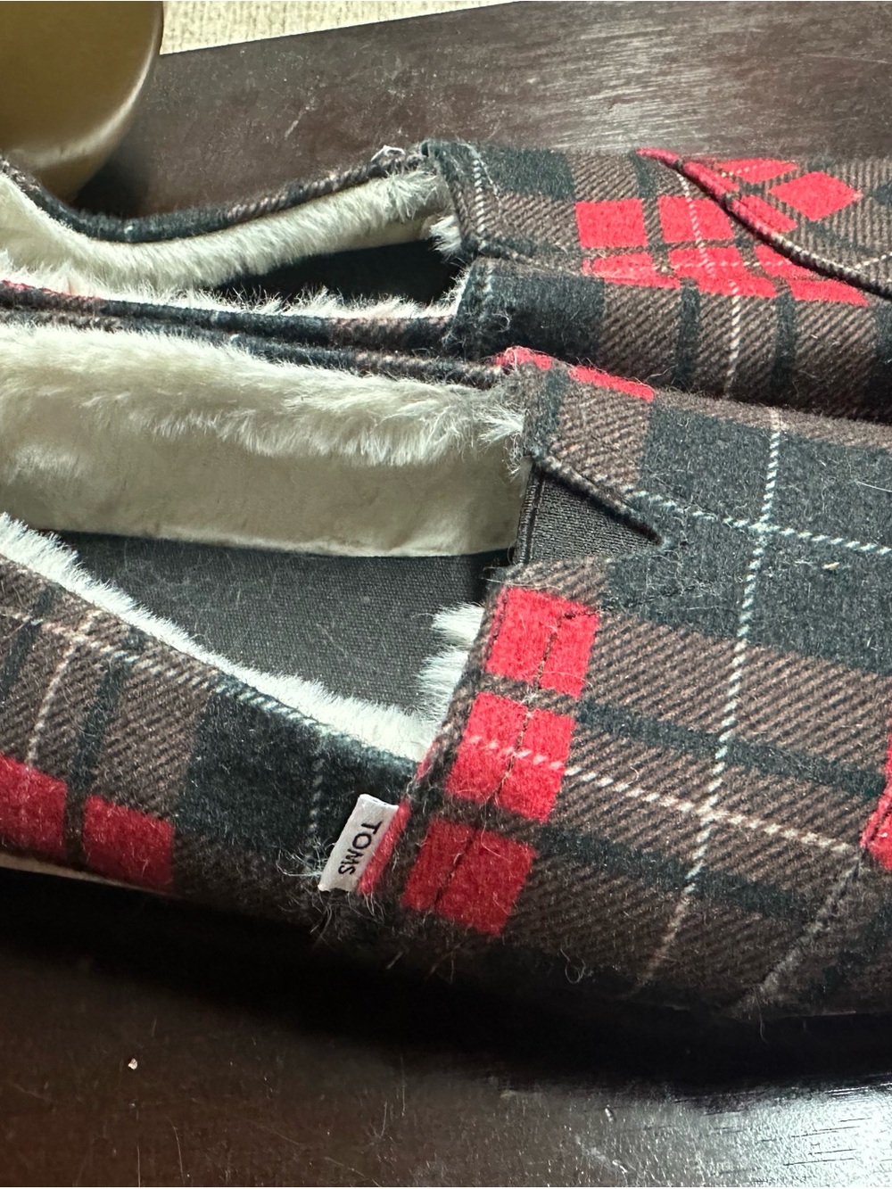 TOMS Plaid Slip-On Shoes in Red, Black and Brown